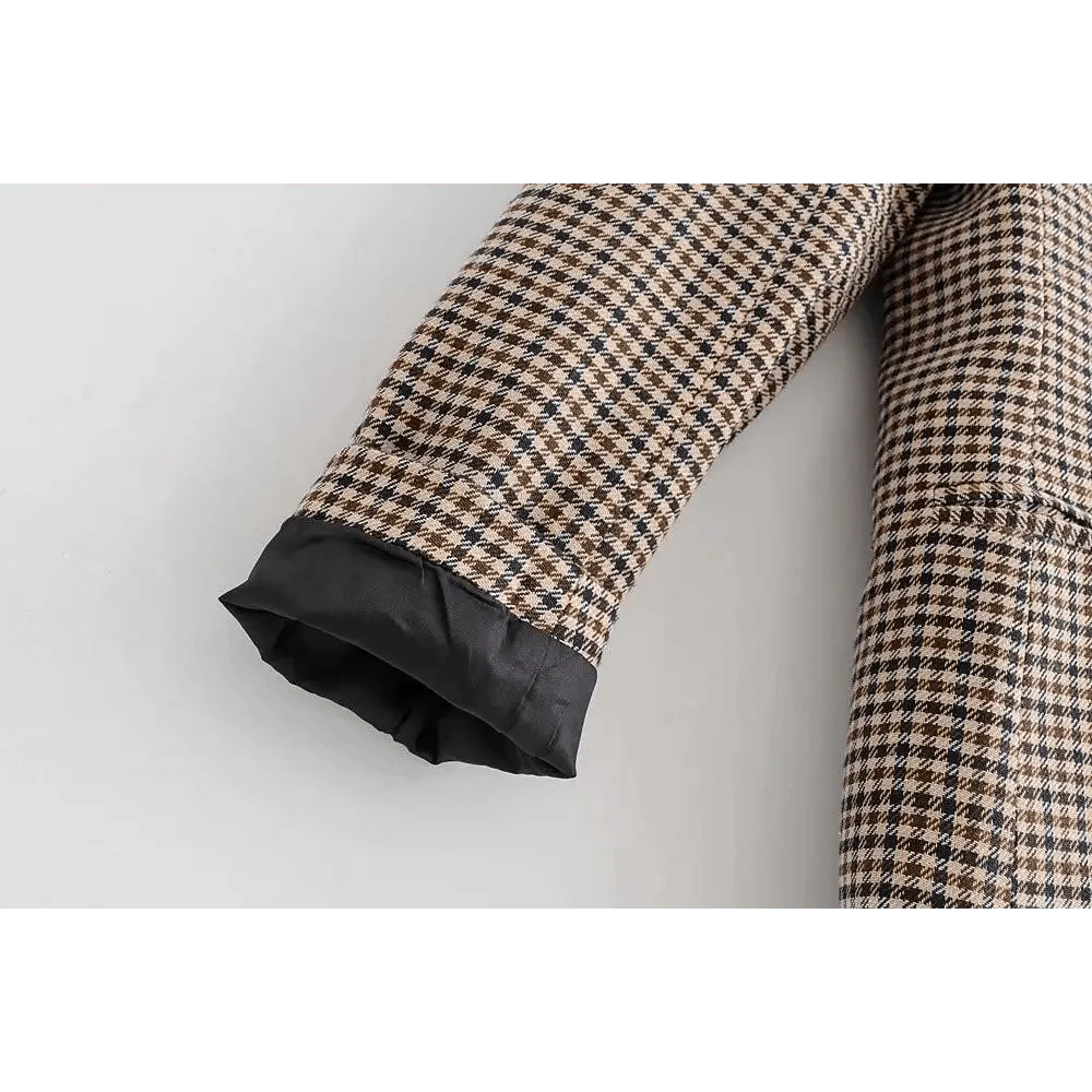 Women's Fashionable Office Wear Double Breasted Plaid Blazer Coat Vintage Long Sleeve Pockets Female Outerwear Chic Tops