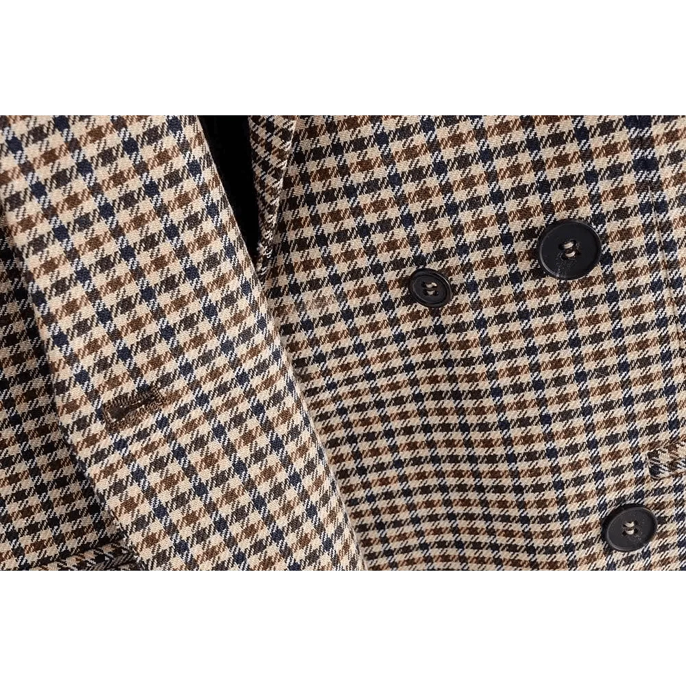 Women's Fashionable Office Wear Double Breasted Plaid Blazer Coat Vintage Long Sleeve Pockets Female Outerwear Chic Tops