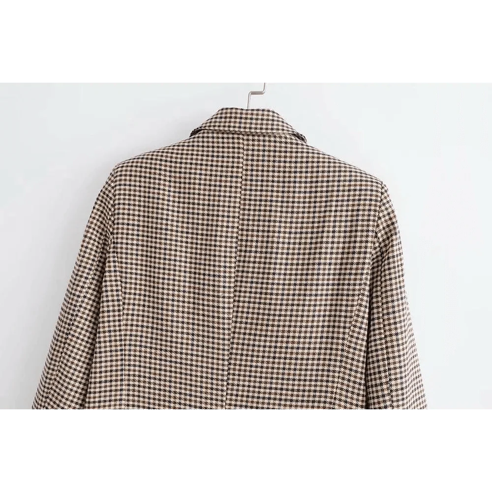 Women's Fashionable Office Wear Double Breasted Plaid Blazer Coat Vintage Long Sleeve Pockets Female Outerwear Chic Tops