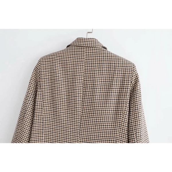 Women's Fashionable Office Wear Double Breasted Plaid Blazer Coat Vintage Long Sleeve Pockets Female Outerwear Chic Tops