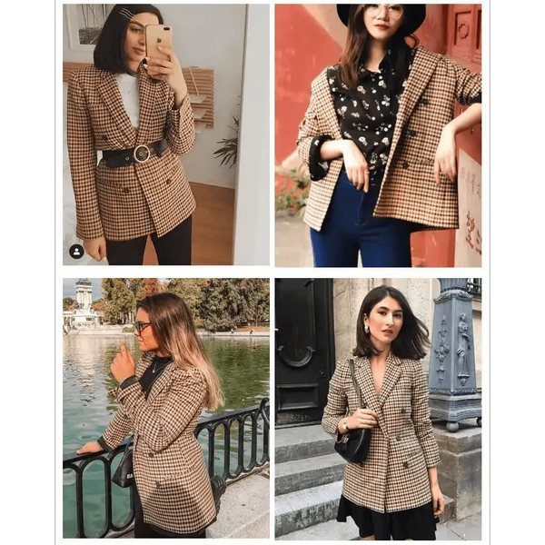Women's Fashionable Office Wear Double Breasted Plaid Blazer Coat Vintage Long Sleeve Pockets Female Outerwear Chic Tops