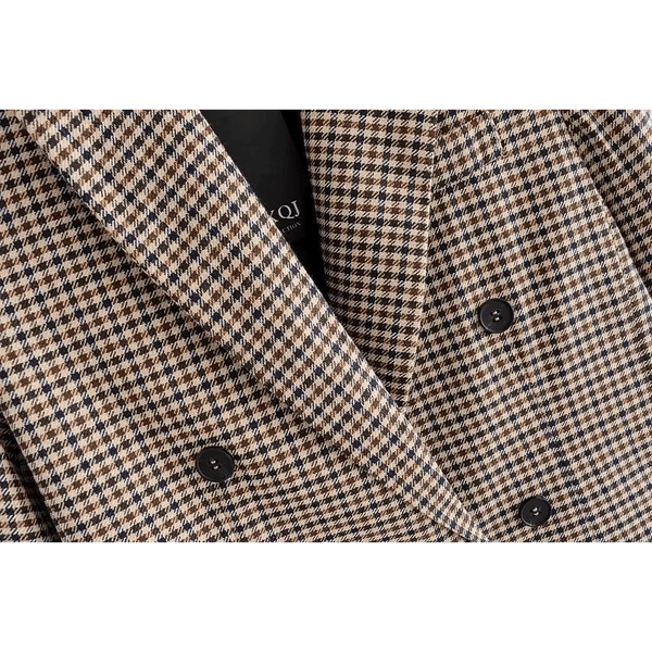 Women's Fashionable Office Wear Double Breasted Plaid Blazer Coat Vintage Long Sleeve Pockets Female Outerwear Chic Tops