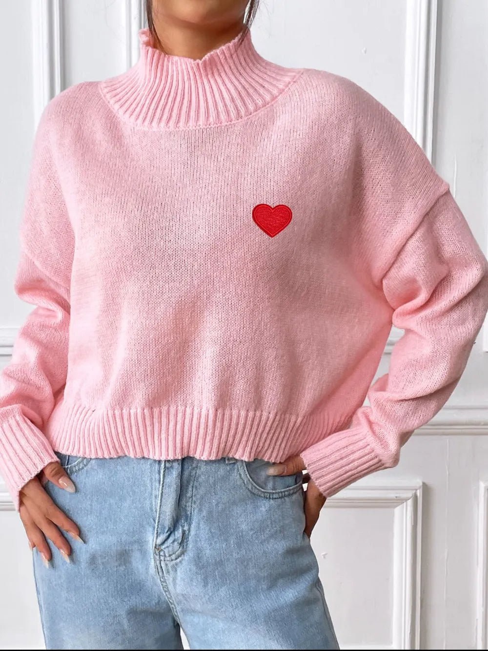 Women's high neck pullover sweater loose heart sticker casual base sweater