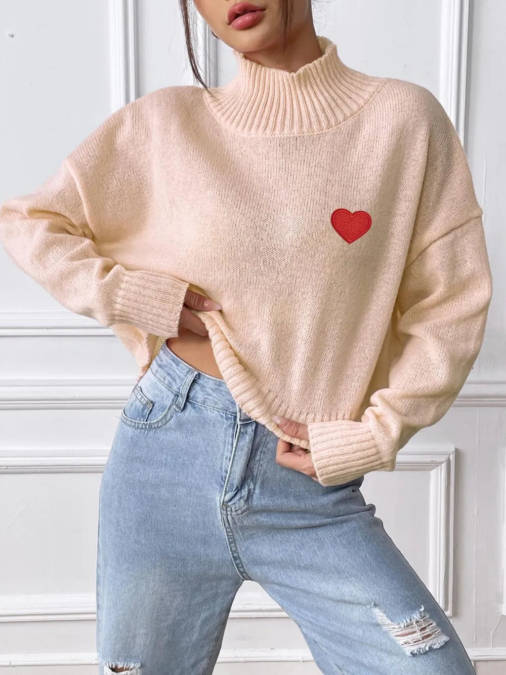 Women's high neck pullover sweater loose heart sticker casual base sweater