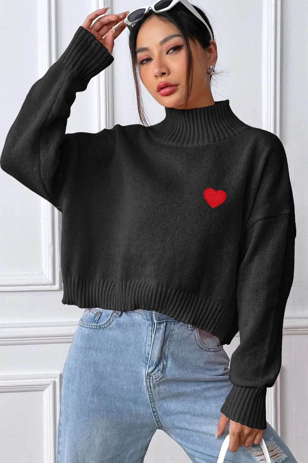 Women's high neck pullover sweater loose heart sticker casual base sweater