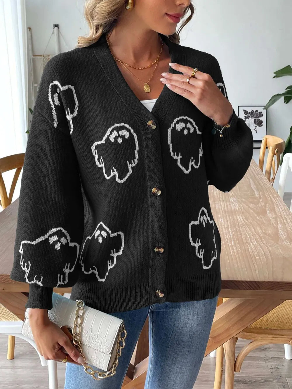 Women's loose casual button sweater cartoon jacquard cardigan for women