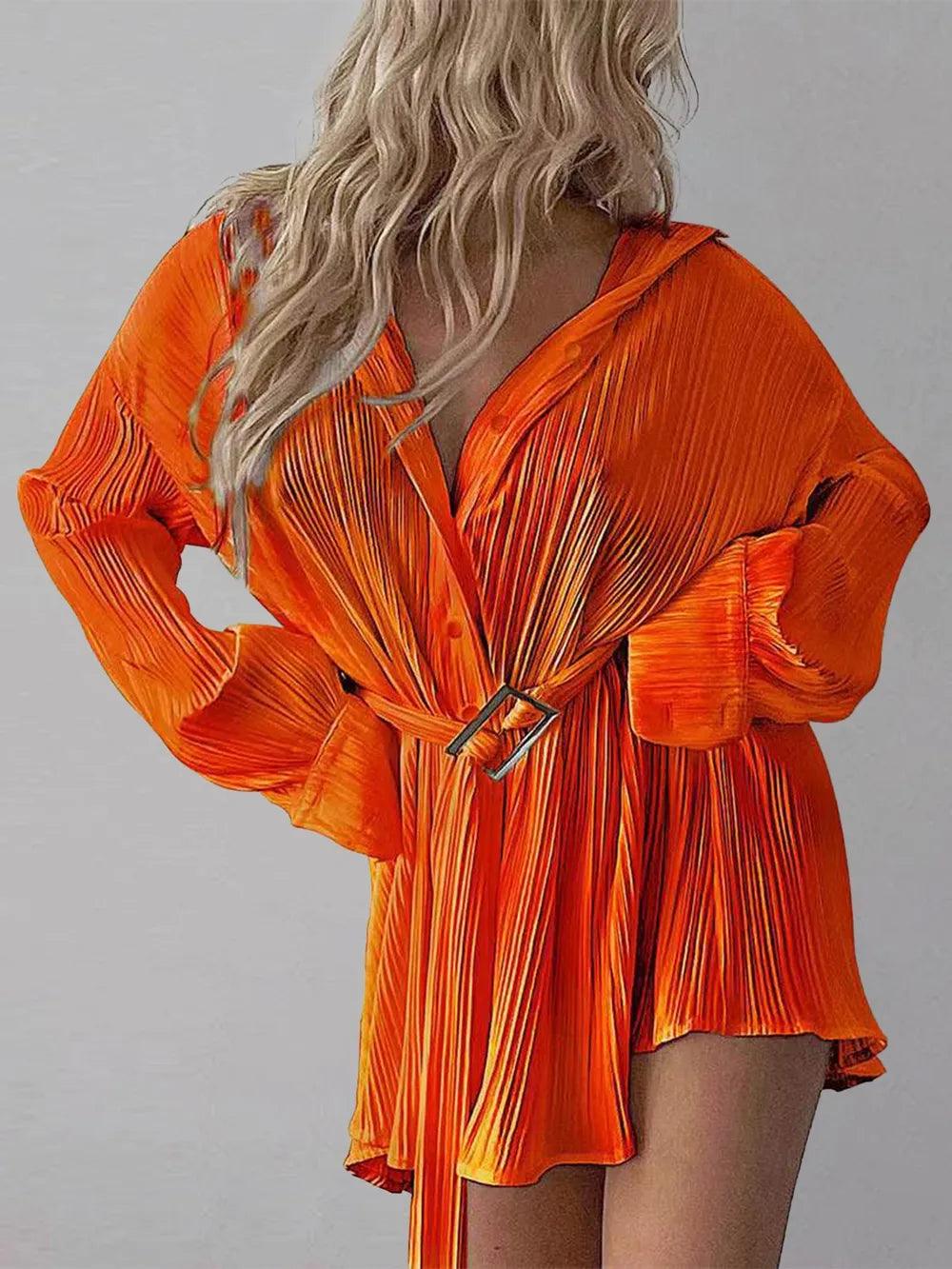 Women's new shirt collar fashionable women's elastic waist pleated long sleeved lace up dress