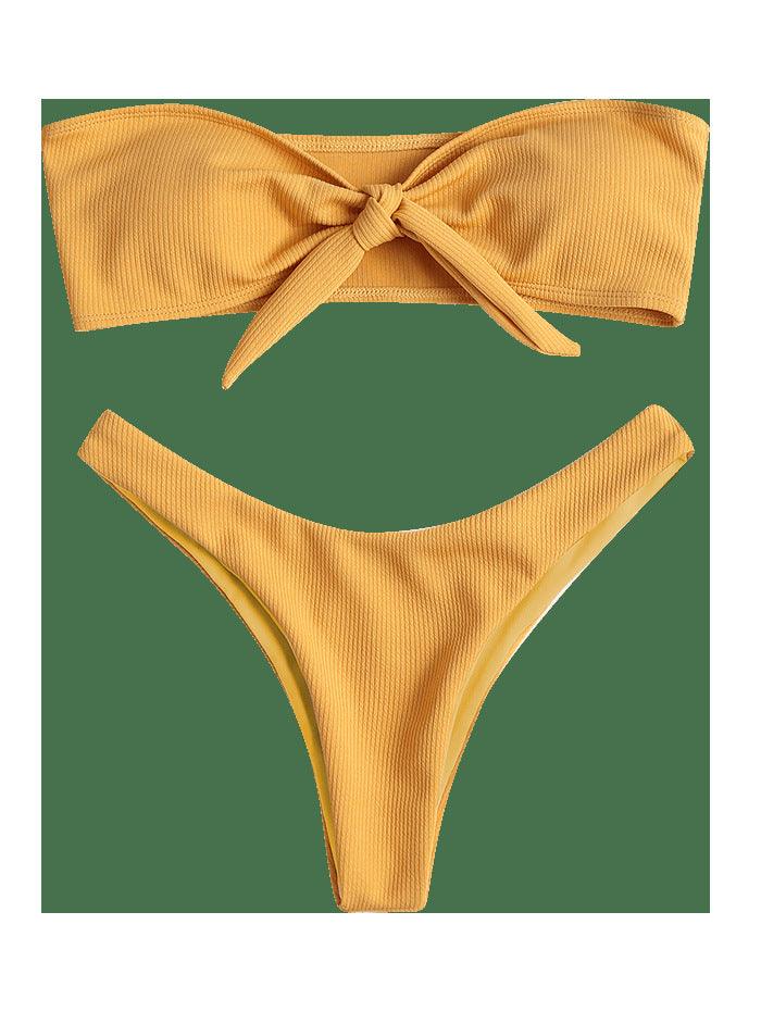 Women's Strapless Bowknot Split Bikini Swimsuit Swimming Suit For Women Women's Tie Knot Front Solid Color Bikini Set Swimsuit Bathing Suits High Cut Bikini Set Strapless Solid Color 2 Pieces Bathing Suit