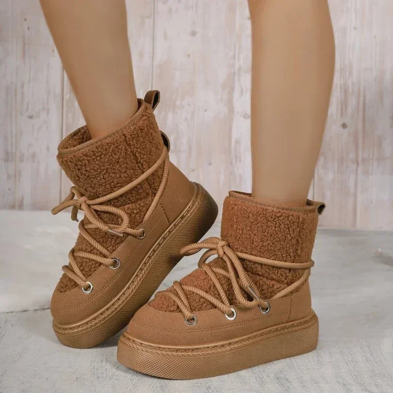 Women's Thick-soled Cross-strap Snow Boots Women Winter Round Toe Flock Plush Warm Mid Heel Water Proof Casual Warm Snow Boots