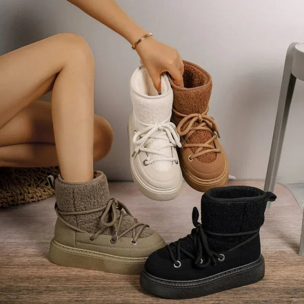 Women's Thick-soled Cross-strap Snow Boots Women Winter Round Toe Flock Plush Warm Mid Heel Water Proof Casual Warm Snow Boots