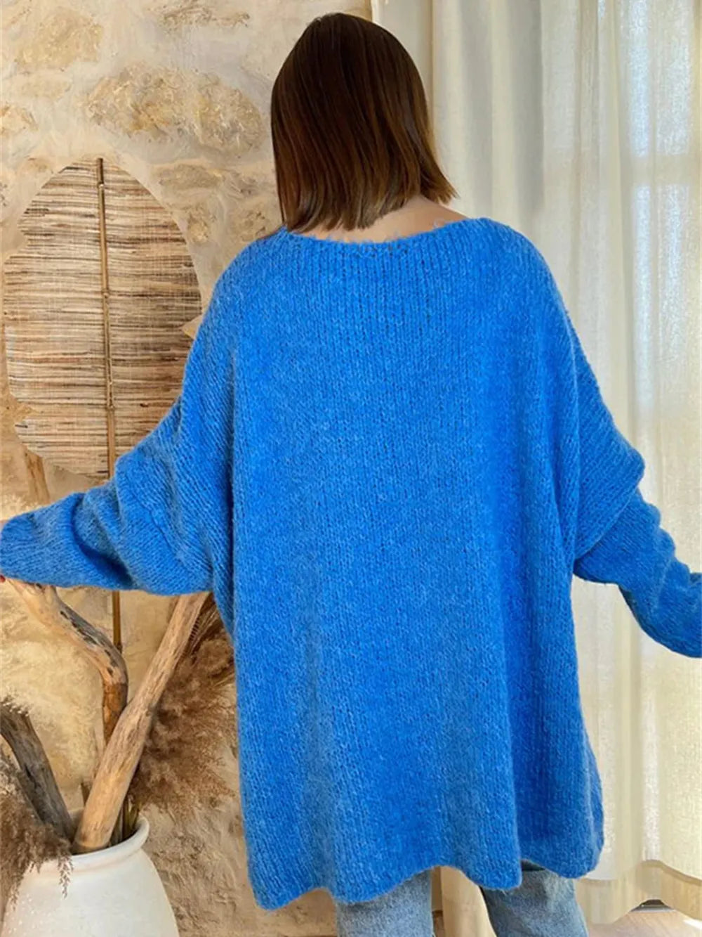 Women's V-neck letter loose and lazy knitted sweater