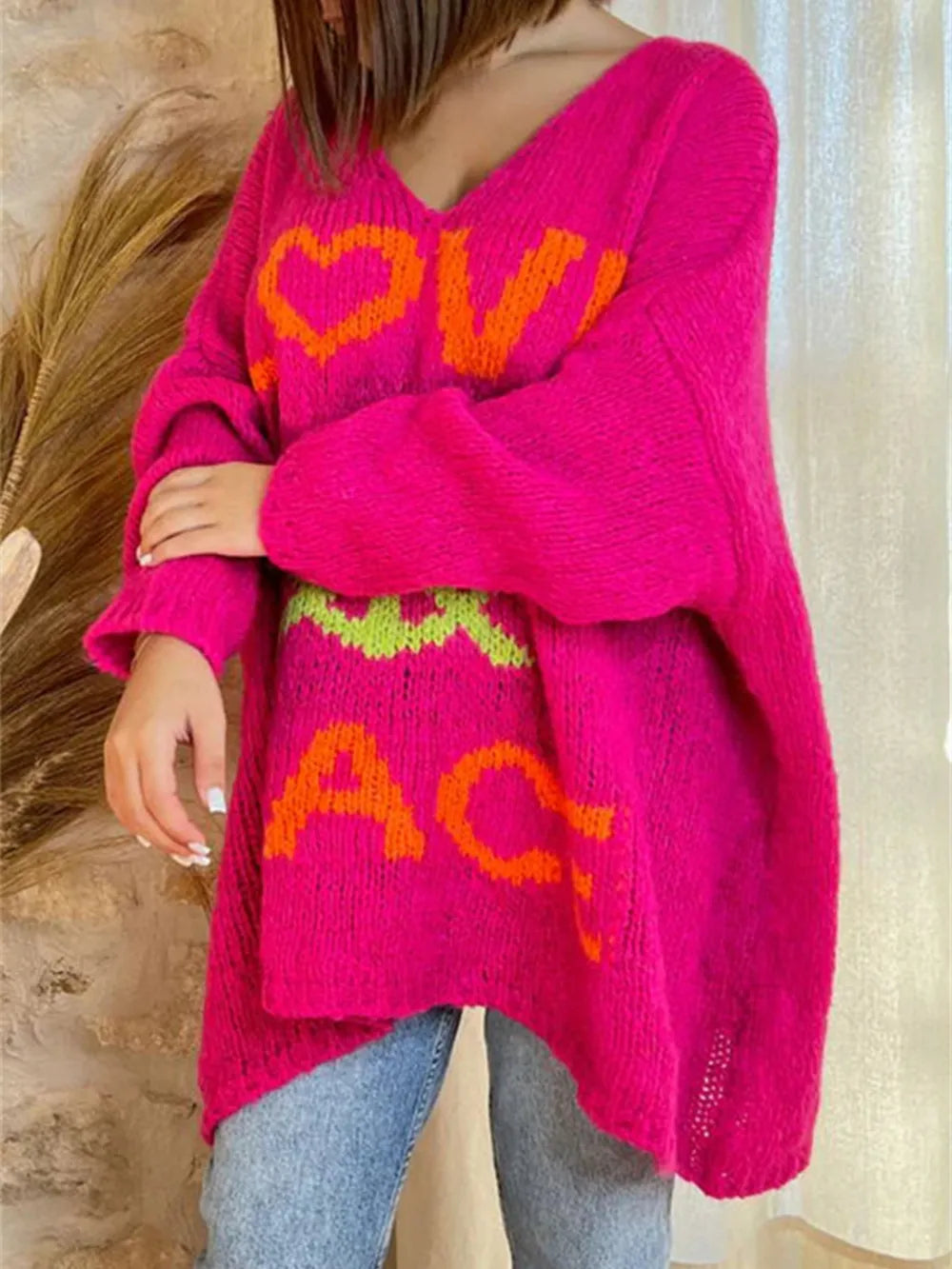 Women's V-neck letter loose and lazy knitted sweater