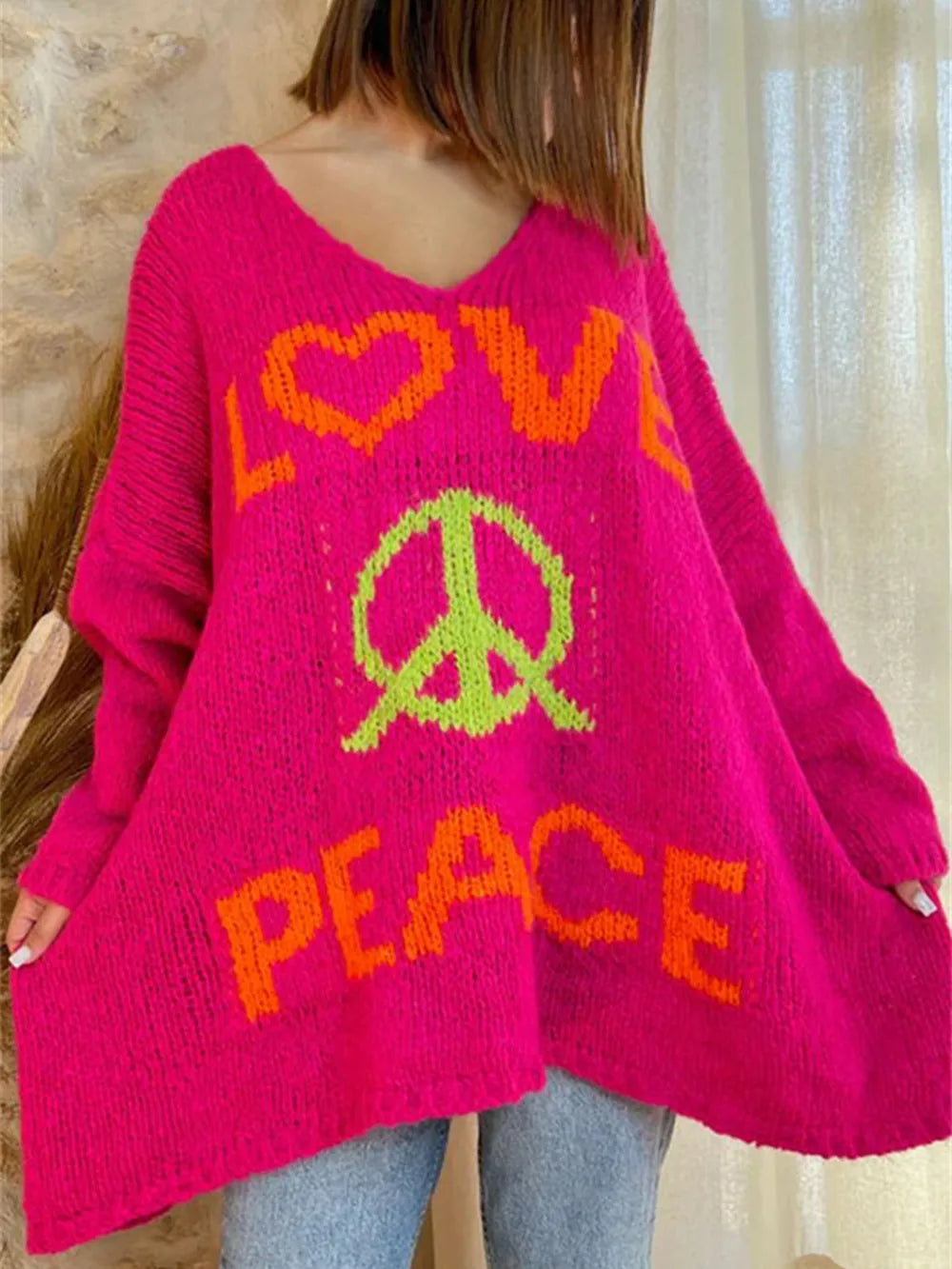Women's V-neck letter loose and lazy knitted sweater