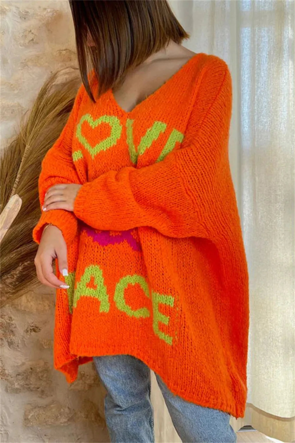 Women's V-neck letter loose and lazy knitted sweater