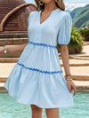 Women's vertical striped stand up collar lace patchwork dress - Light Blue / S