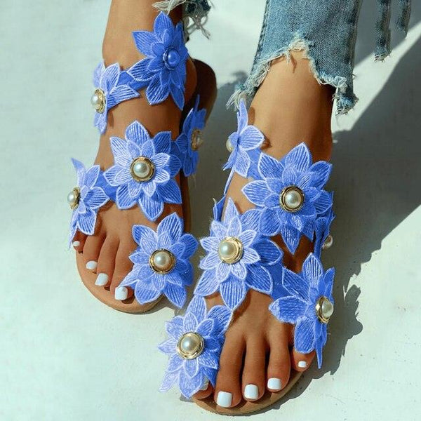 Women Sandals Fashion Style Summer Shoes Beach Comfortable Flat Sandals Flower Sandals Open Toe Pearl Casual Lace Floral Beach Flip Flop Comfy Shoes Summer Elegant Toe Sandals Comfy Dress