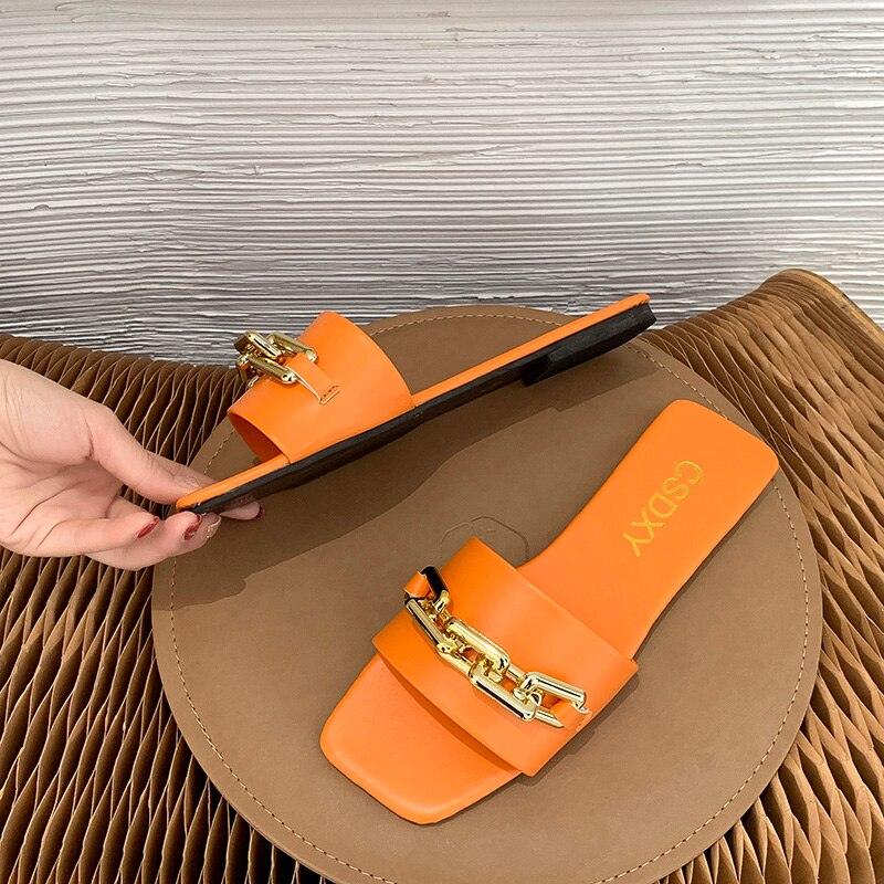 Women Sandals Design Gold Chain Closed Toe Slip On Mules Shoes Flat Heels Square Head Casual Slides Summer Slippers Open Toe Flat Sandals Metal Chain PU Leather Slides Shoes