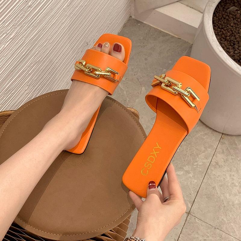 Women Sandals Design Gold Chain Closed Toe Slip On Mules Shoes Flat Heels Square Head Casual Slides Summer Slippers Open Toe Flat Sandals Metal Chain PU Leather Slides Shoes