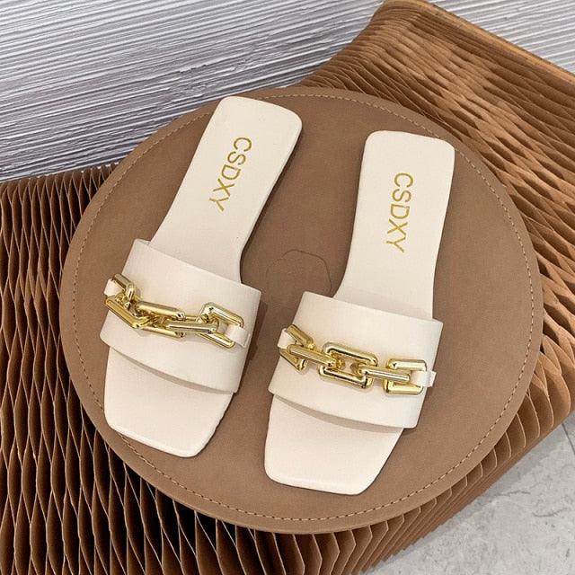 Women Sandals Design Gold Chain Closed Toe Slip On Mules Shoes Flat Heels Square Head Casual Slides Summer Slippers Open Toe Flat Sandals Metal Chain PU Leather Slides Shoes