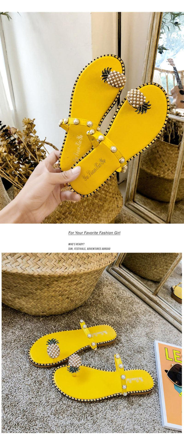Women Sandals Slippers Flat Flip Flops String Bead Summer Fashion Woman Slides Elegant Pineapple Slides Flat Sandals Strappy Slides Sandals Open Toe Summer Beach Outdoor Shoes
