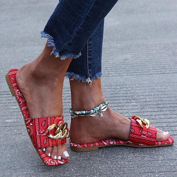 Women Slipper Sandals Gold Chain Closed Toe Slip On Flat Heels Square Head Casual Slides Flip Flop Chunky Heel Mules Open Toe Slip On Dress Backless High Heels Slides Slippers