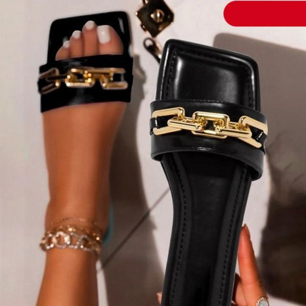 Women Slipper Sandals Gold Chain Closed Toe Slip On Flat Heels Square Head Casual Slides Flip Flop Chunky Heel Mules Open Toe Slip On Dress Backless High Heels Slides Slippers