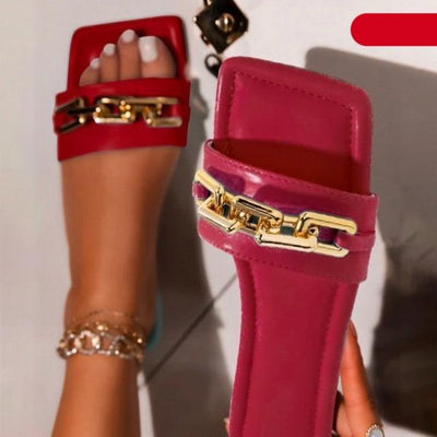 Women Slipper Sandals Gold Chain Closed Toe Slip On Flat Heels Square Head Casual Slides Flip Flop Chunky Heel Mules Open Toe Slip On Dress Backless High Heels Slides Slippers