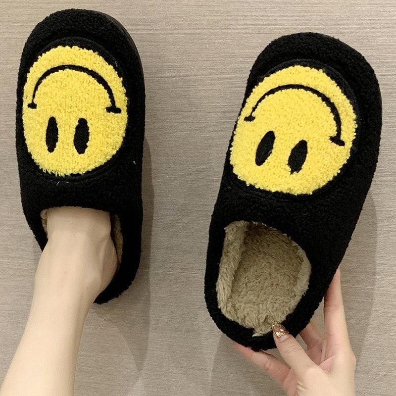 Women Smiley Slippers Fluffy Home Warm Fur Slippers Smiley Face Household Couple Slippers Indoor Warm Home Non-Slip Couple Style Casual Shoes Indoor Outdoor Anti-Skid Plush Fleece Lined House Shoes