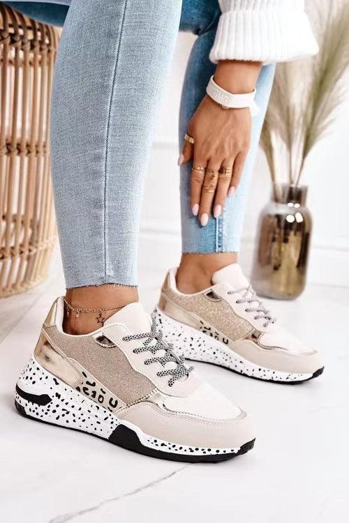Women Sneakers Leopard Print Lace-Up Women's Vulcanize Shoes Sports Sneakers Breathable Height Increasing Walking Jogging Sneakers Gold Silver Sport Running Women's Sneakers