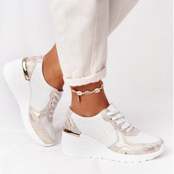 Women Sneakers Leopard Print Lace-Up Women's Vulcanize Shoes Sports Sneakers Breathable Height Increasing Walking Jogging Sneakers Gold Silver Sport Running Women's Sneakers