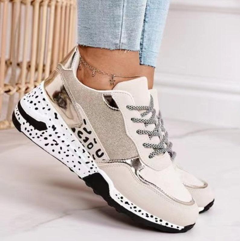 Women Sneakers Leopard Print Lace-Up Women's Vulcanize Shoes Sports Sneakers Breathable Height Increasing Walking Jogging Sneakers Gold Silver Sport Running Women's Sneakers
