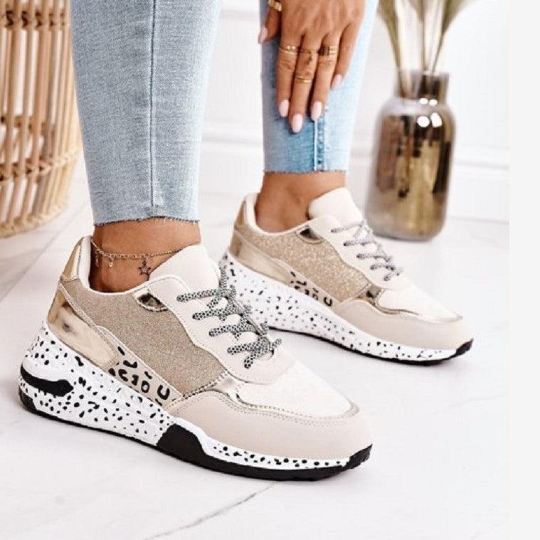 Women Sneakers Leopard Print Lace-Up Women's Vulcanize Shoes Sports Sneakers Breathable Height Increasing Walking Jogging Sneakers Gold Silver Sport Running Women's Sneakers