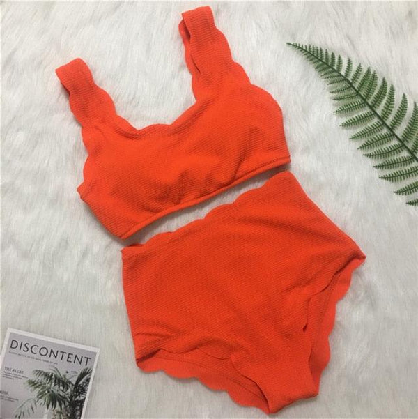 Women Solid Swimwear Female Bathing Suit Scalloped High Waist Bikini Set Two Pieces Women's Solid Color Lace-up High Waist Scoop Collar Padded Bathing Suit