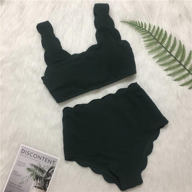 Women Solid Swimwear Female Bathing Suit Scalloped High Waist Bikini Set Two Pieces Women's Solid Color Lace-up High Waist Scoop Collar Padded Bathing Suit