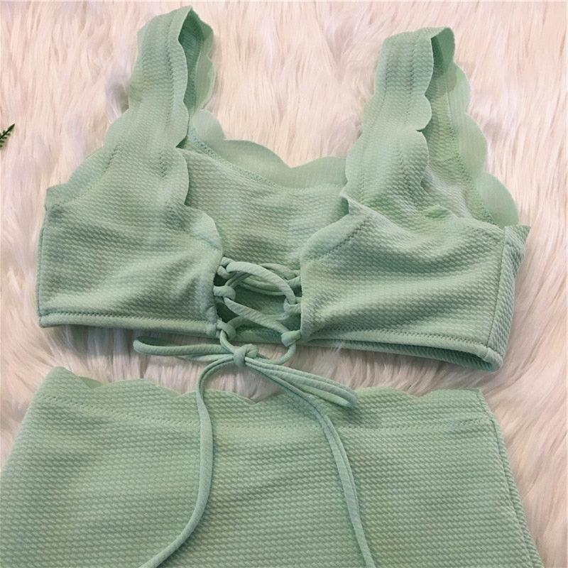 Women Solid Swimwear Female Bathing Suit Scalloped High Waist Bikini Set Two Pieces Women's Solid Color Lace-up High Waist Scoop Collar Padded Bathing Suit