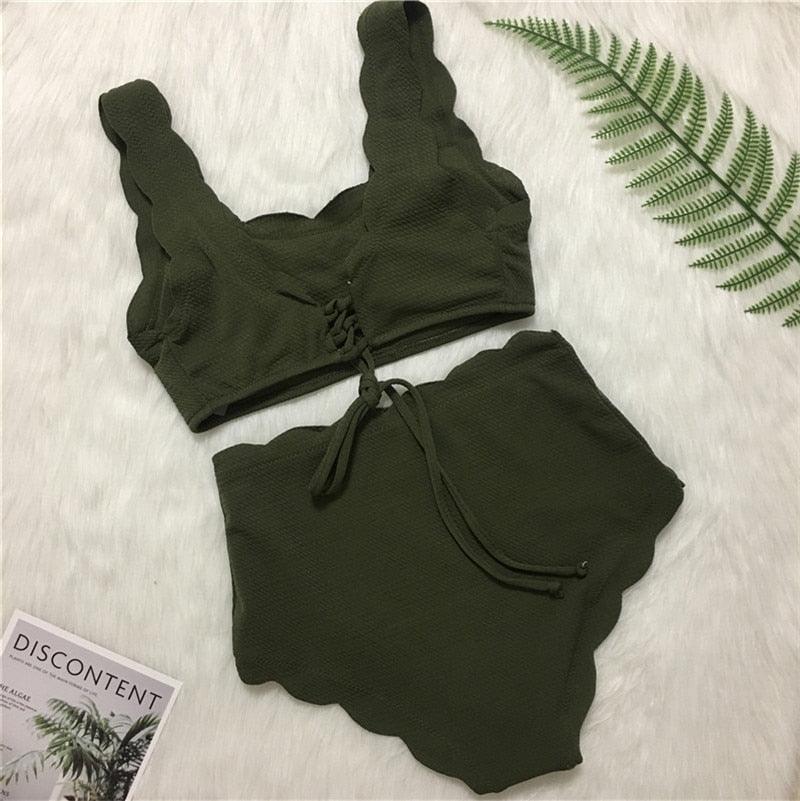 Women Solid Swimwear Female Bathing Suit Scalloped High Waist Bikini Set Two Pieces Women's Solid Color Lace-up High Waist Scoop Collar Padded Bathing Suit