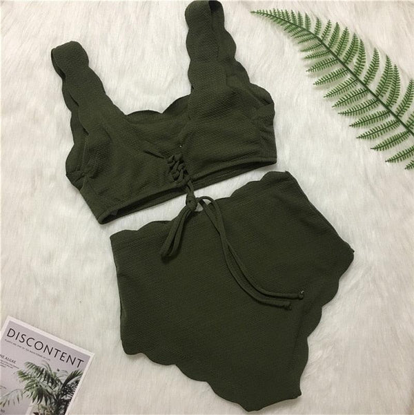 Women Solid Swimwear Female Bathing Suit Scalloped High Waist Bikini Set Two Pieces Women's Solid Color Lace-up High Waist Scoop Collar Padded Bathing Suit