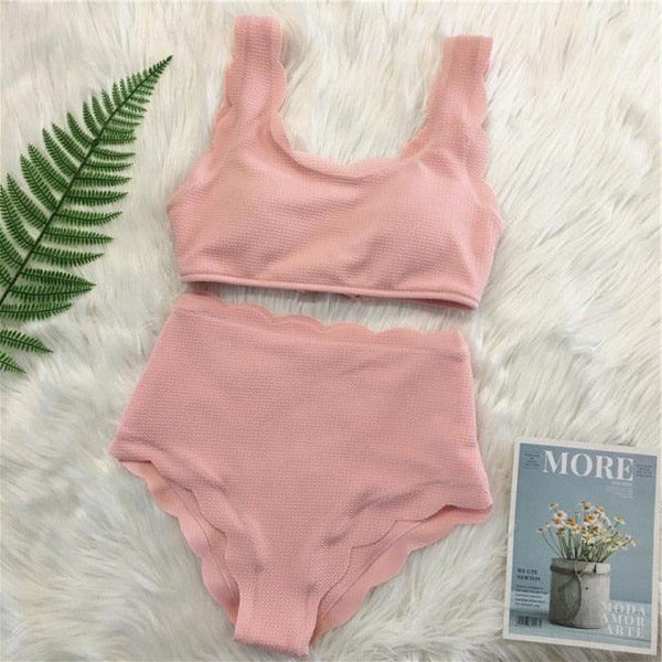 Women Solid Swimwear Female Bathing Suit Scalloped High Waist Bikini Set Two Pieces Women's Solid Color Lace-up High Waist Scoop Collar Padded Bathing Suit