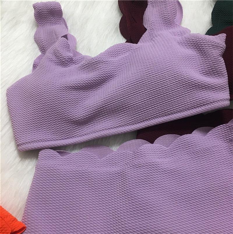 Women Solid Swimwear Female Bathing Suit Scalloped High Waist Bikini Set Two Pieces Women's Solid Color Lace-up High Waist Scoop Collar Padded Bathing Suit