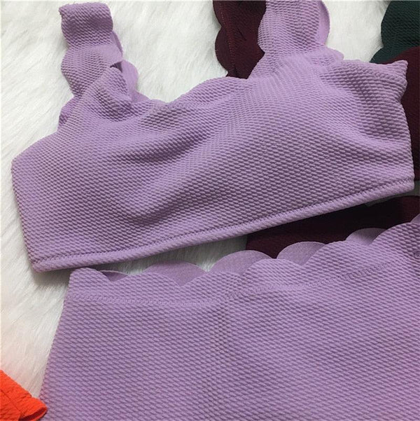Women Solid Swimwear Female Bathing Suit Scalloped High Waist Bikini Set Two Pieces Women's Solid Color Lace-up High Waist Scoop Collar Padded Bathing Suit