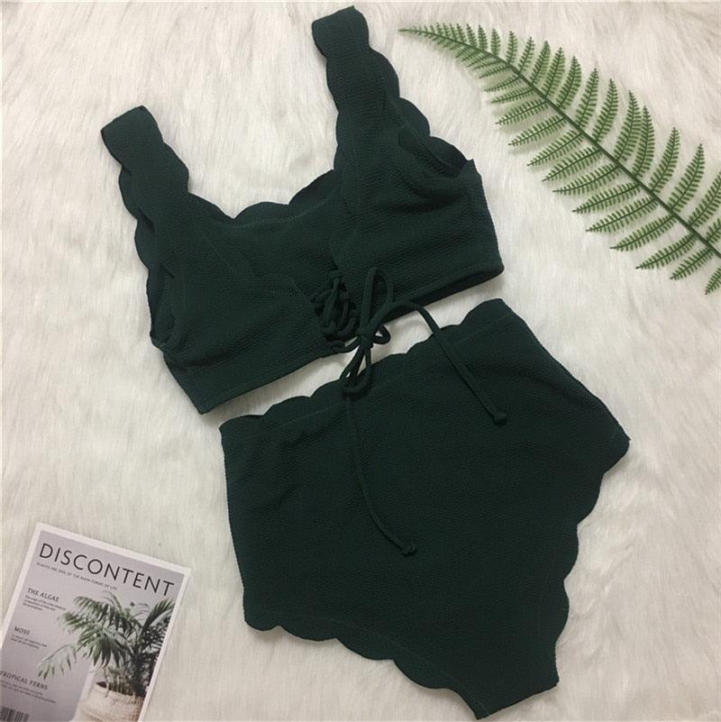 Women Solid Swimwear Female Bathing Suit Scalloped High Waist Bikini Set Two Pieces Women's Solid Color Lace-up High Waist Scoop Collar Padded Bathing Suit