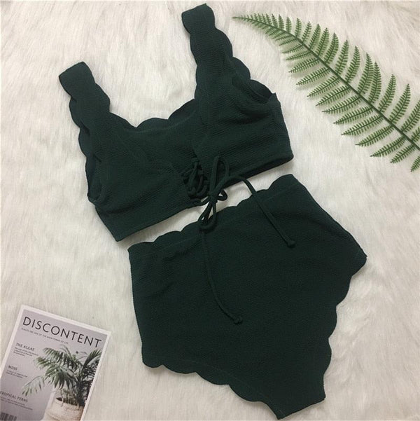 Women Solid Swimwear Female Bathing Suit Scalloped High Waist Bikini Set Two Pieces Women's Solid Color Lace-up High Waist Scoop Collar Padded Bathing Suit