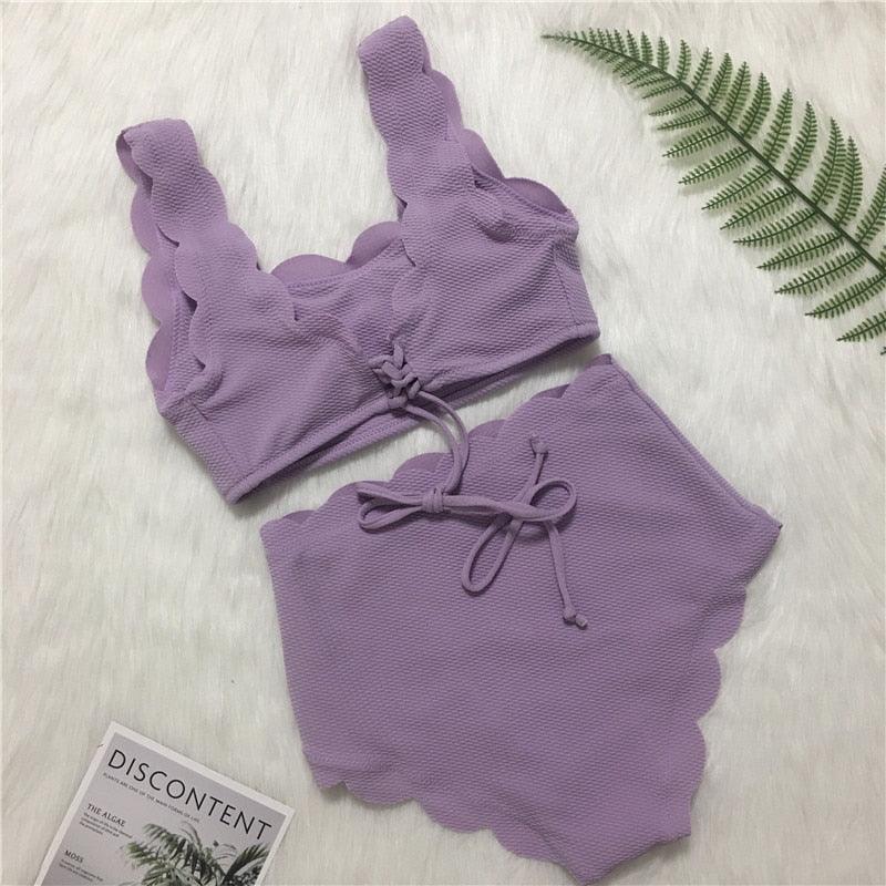 Women Solid Swimwear Female Bathing Suit Scalloped High Waist Bikini Set Two Pieces Women's Solid Color Lace-up High Waist Scoop Collar Padded Bathing Suit