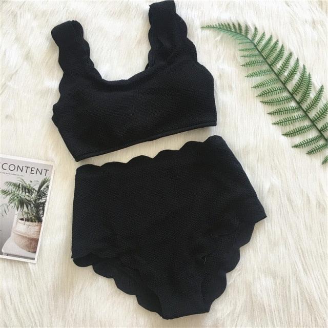 Women Solid Swimwear Female Bathing Suit Scalloped High Waist Bikini Set Two Pieces Women's Solid Color Lace-up High Waist Scoop Collar Padded Bathing Suit