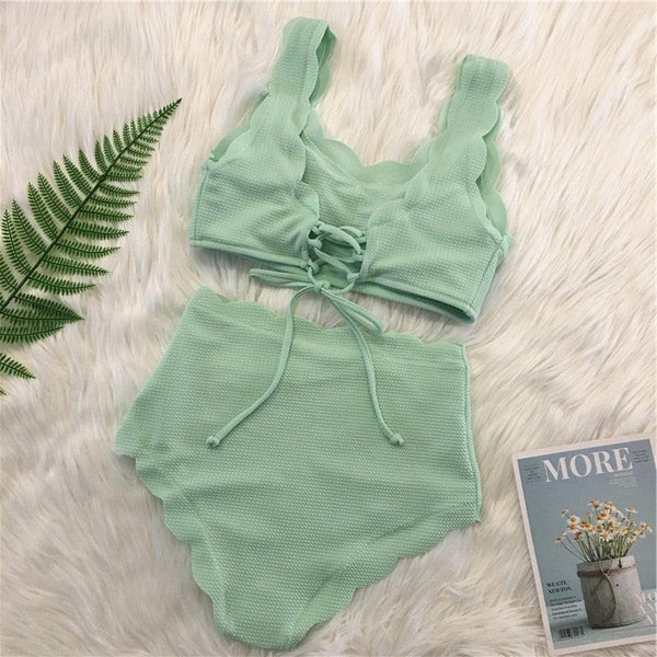 Women Solid Swimwear Female Bathing Suit Scalloped High Waist Bikini Set Two Pieces Women's Solid Color Lace-up High Waist Scoop Collar Padded Bathing Suit