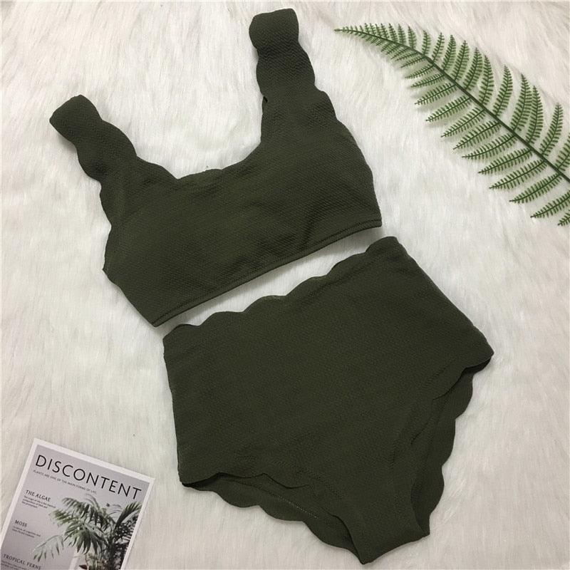 Women Solid Swimwear Female Bathing Suit Scalloped High Waist Bikini Set Two Pieces Women's Solid Color Lace-up High Waist Scoop Collar Padded Bathing Suit