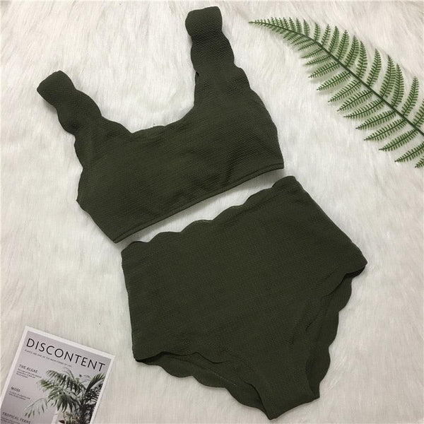 Women Solid Swimwear Female Bathing Suit Scalloped High Waist Bikini Set Two Pieces Women's Solid Color Lace-up High Waist Scoop Collar Padded Bathing Suit
