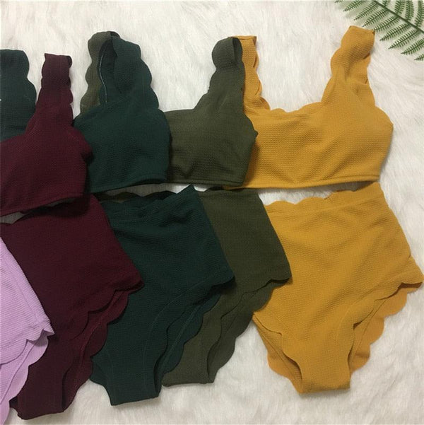 Women Solid Swimwear Female Bathing Suit Scalloped High Waist Bikini Set Two Pieces Women's Solid Color Lace-up High Waist Scoop Collar Padded Bathing Suit