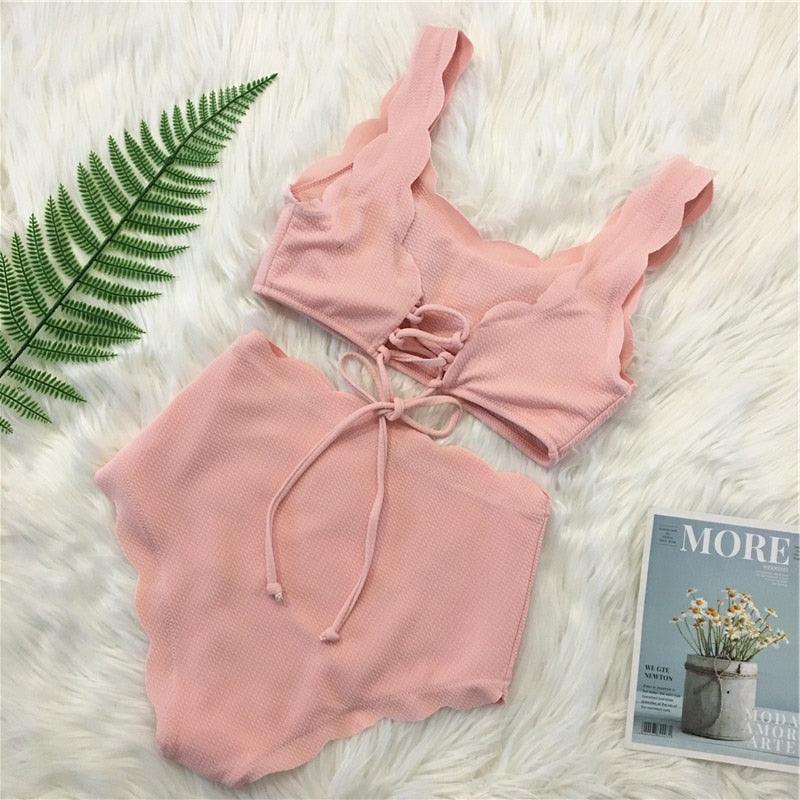 Women Solid Swimwear Female Bathing Suit Scalloped High Waist Bikini Set Two Pieces Women's Solid Color Lace-up High Waist Scoop Collar Padded Bathing Suit