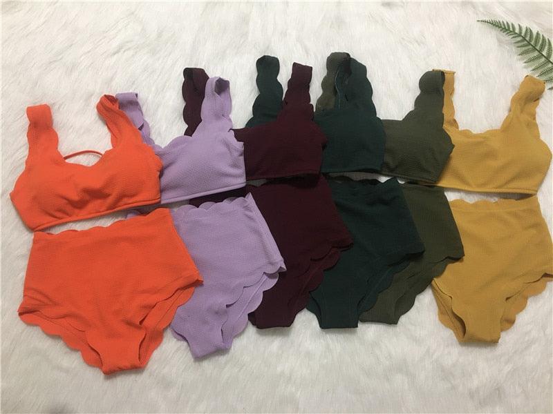 Women Solid Swimwear Female Bathing Suit Scalloped High Waist Bikini Set Two Pieces Women's Solid Color Lace-up High Waist Scoop Collar Padded Bathing Suit